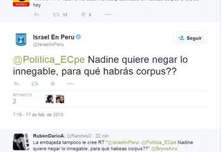 Embajada de Israel en el Perú lamentó tuit sobre Nadine Heredia