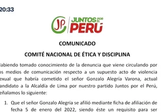 Juntos por el Perú pide descargos a Gonzalo Alegría tras denuncia de su hijo por presunta agresión sexual