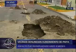 Los Olivos: vecinos denuncian hundimiento de pista inaugurada hace un mes