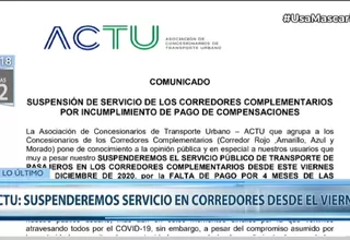 La ACTU anuncia suspensión de servicio de corredores complementarios