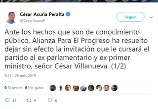 César Acuña dejó sin efecto invitación de APP a César Villanueva
