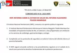 INPE: Alejandro Toledo fue trasladado a hospital en atención a "citas programadas con antelación" 