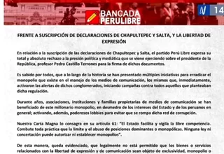 Perú Libre rechazó presión sobre Castillo para firmar declaraciones de Chapultepec y Salta