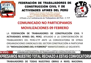 Trabajadores de Construcción Civil anuncian que no participarán en movilizaciones
