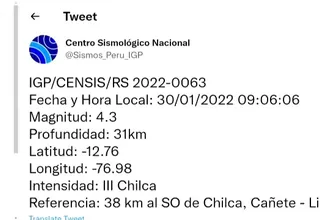 Sismo de magnitud 4.3 se registró en Cañete